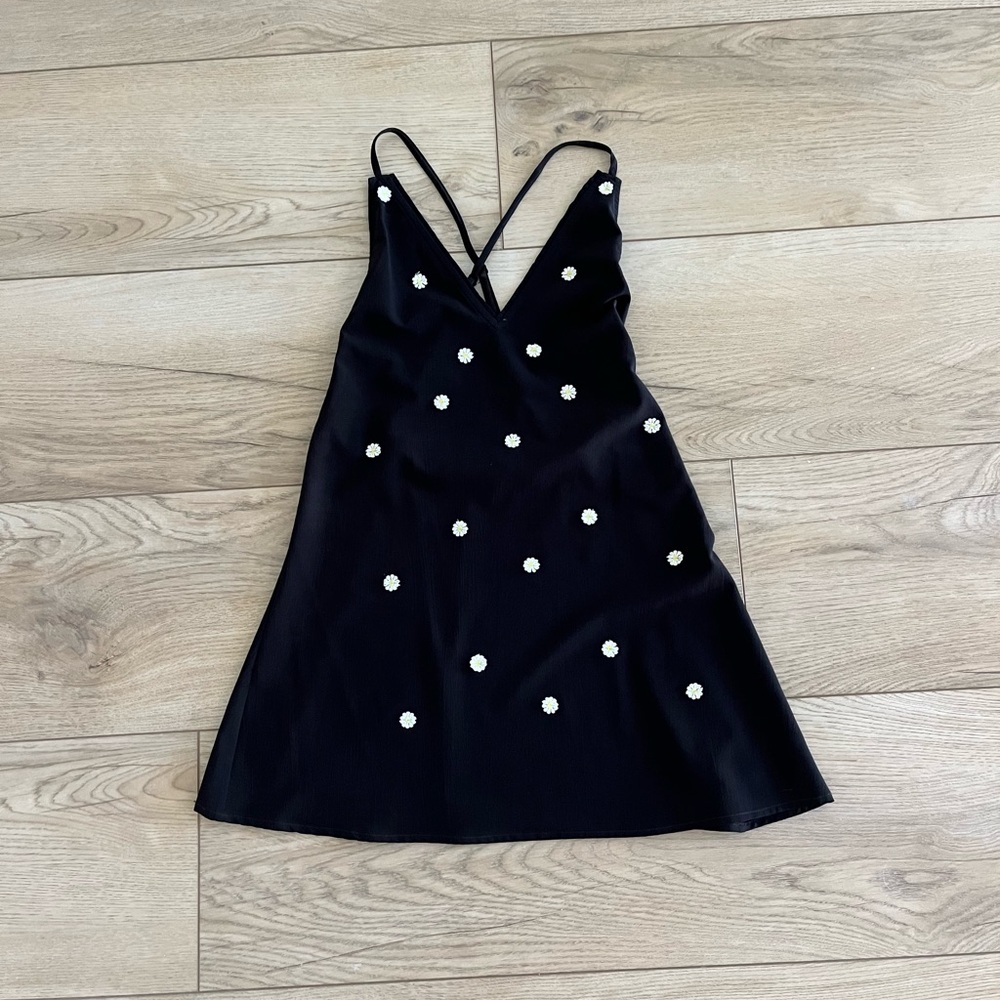 Chandelier Black Mini Dress with White Appliqué Flowers